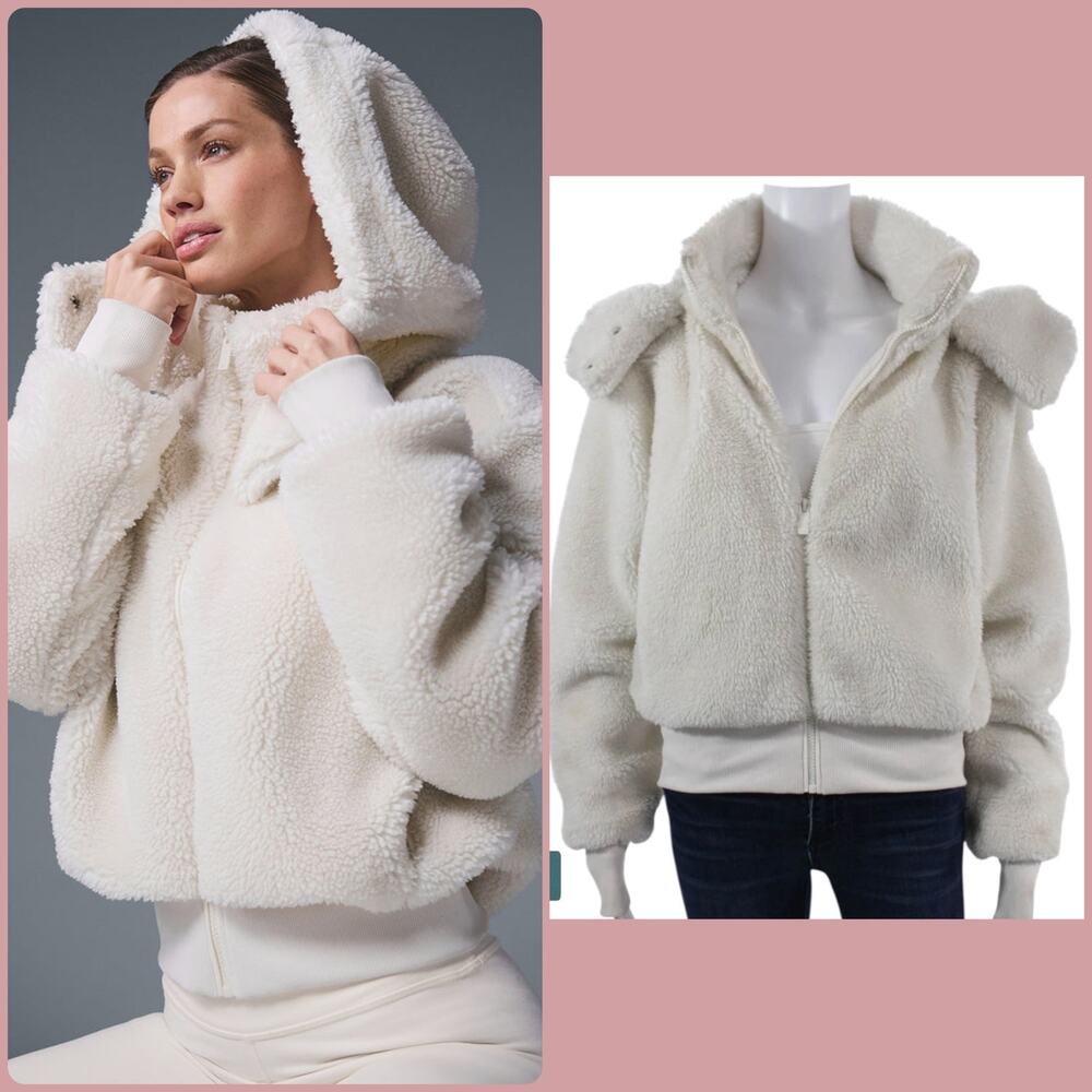 ALO‎ Yoga Foxy Sherpa Jacket Ivory XS Relaxed Fit Removable Hood Plush Fleece